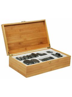 Набор массажных камней из базальта в коробке из бамбука (45 шт) НК-2Б